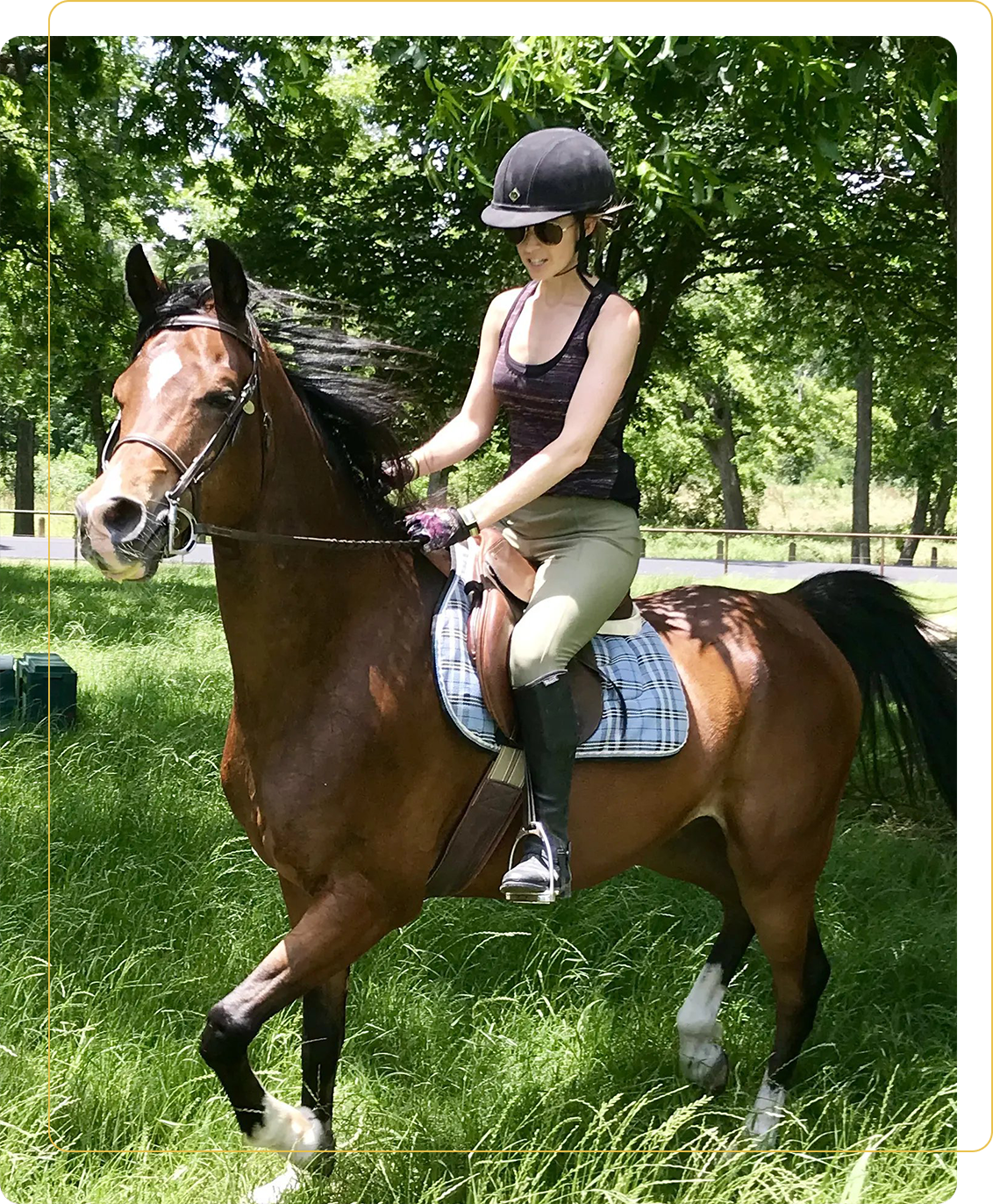 A woman riding on the back of a brown horse.